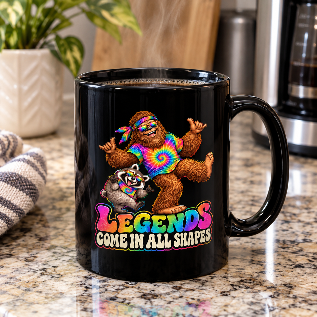 Legends Come in All Shapes | Bigfoot & Jimothy Raccoon Black Ceramic Mug (11oz/15oz)