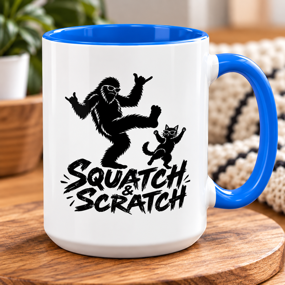 Squatch & Scratch Bigfoot and Cat Coffee Mug | Funny Sasquatch Ceramic Mug | 11oz & 15oz