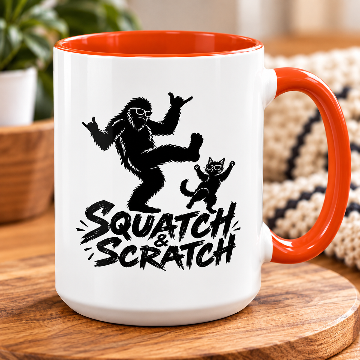 Squatch & Scratch Bigfoot and Cat Coffee Mug | Funny Sasquatch Ceramic Mug | 11oz & 15oz