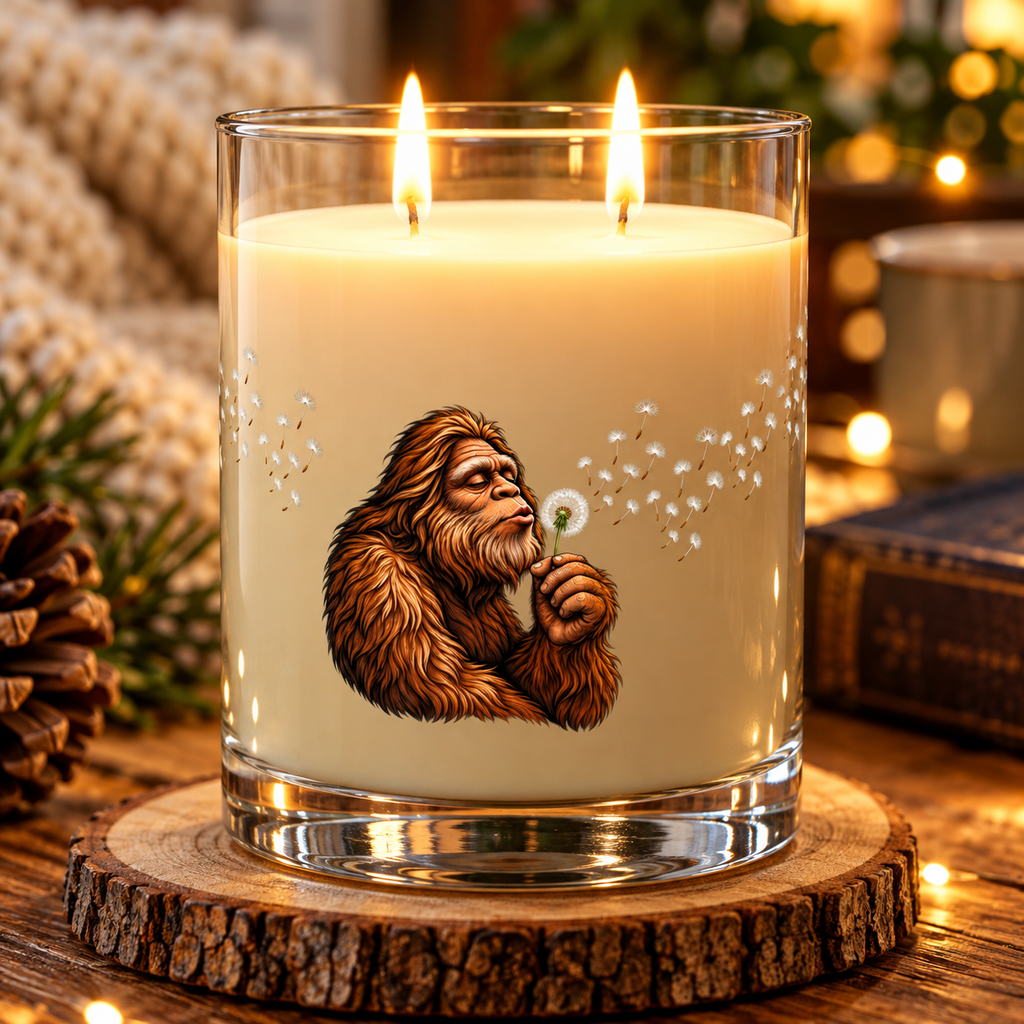 Bigfoot Blowing Dandelion Soy Candle | Sasquatch Glass Jar Candle