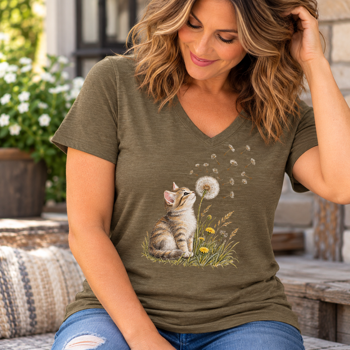 Kitten & Dandelion Women's Relaxed V-Neck T-Shirt | Cat Lover Floral Tee