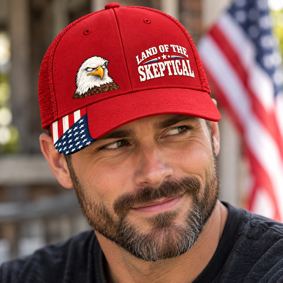 Land of the Skeptical Patriotic Trucker Hat | Side-Eye Eagle American Flag Cap