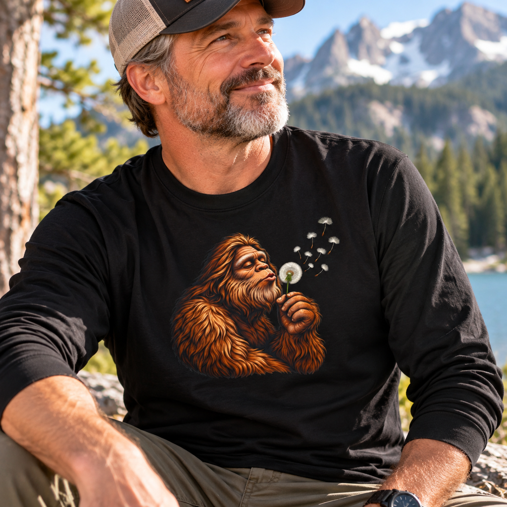 Bigfoot Blowing Dandelion Long Sleeve T-Shirt | Peaceful Sasquatch Nature Tee