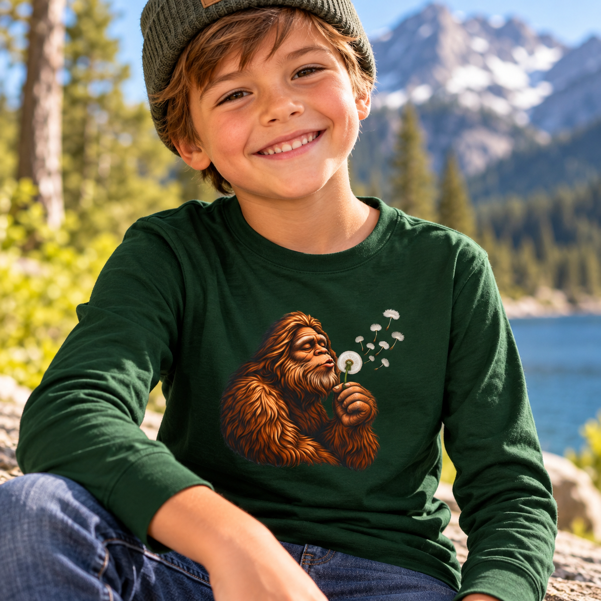 Bigfoot Blowing Dandelion Youth Long Sleeve Tee | Kids Sasquatch Shirt