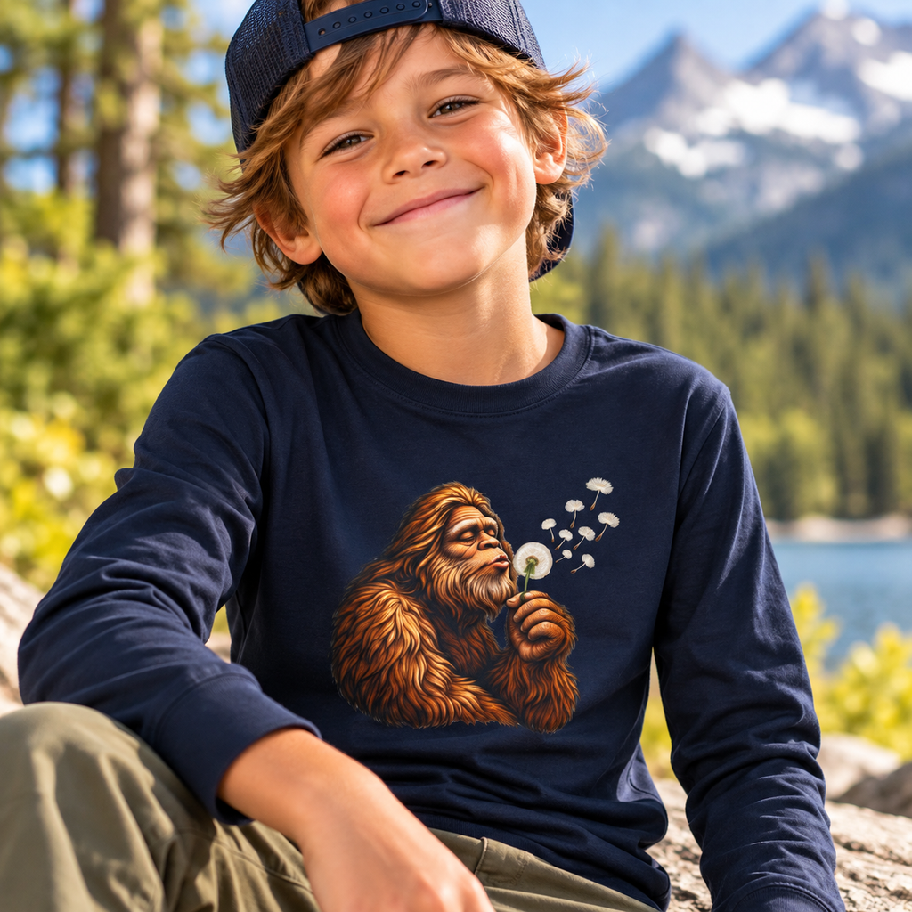 Bigfoot Blowing Dandelion Youth Long Sleeve Tee | Kids Sasquatch Shirt