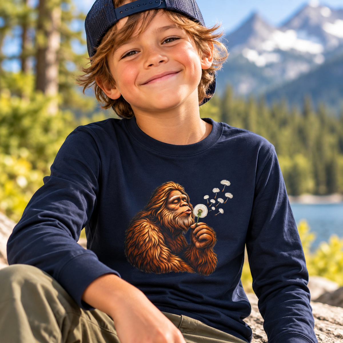 Bigfoot Blowing Dandelion Youth Long Sleeve Tee | Kids Sasquatch Shirt