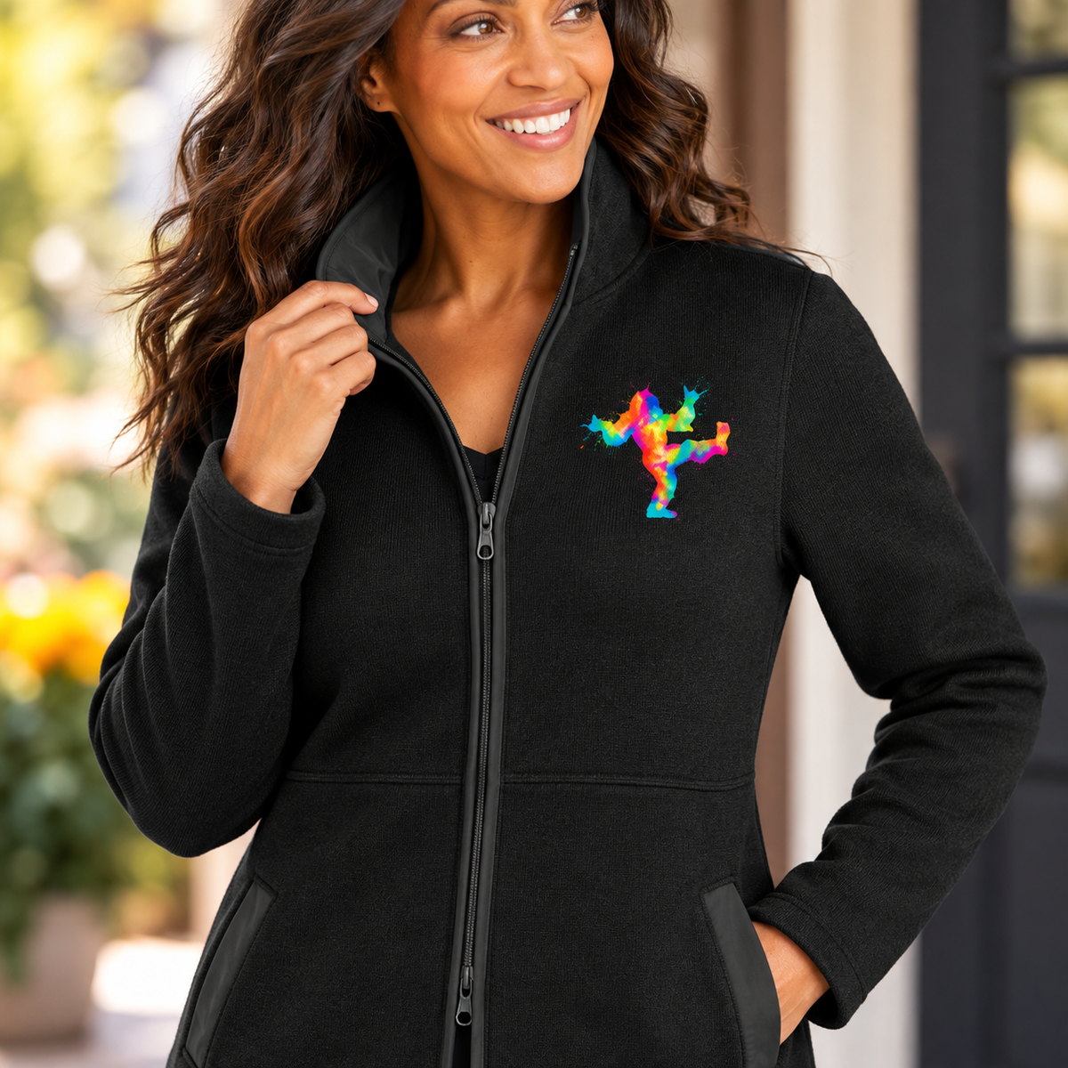 Colorful Dancing Bigfoot Women's Long Fleece Jacket | Rainbow Sasquatch Gift