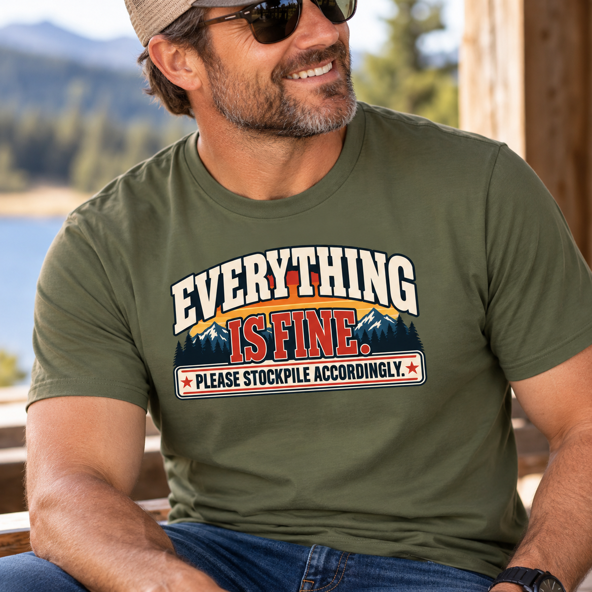Everything Is Fine Please Stockpile Accordingly T-Shirt | Funny Emergency Preparedness Tee