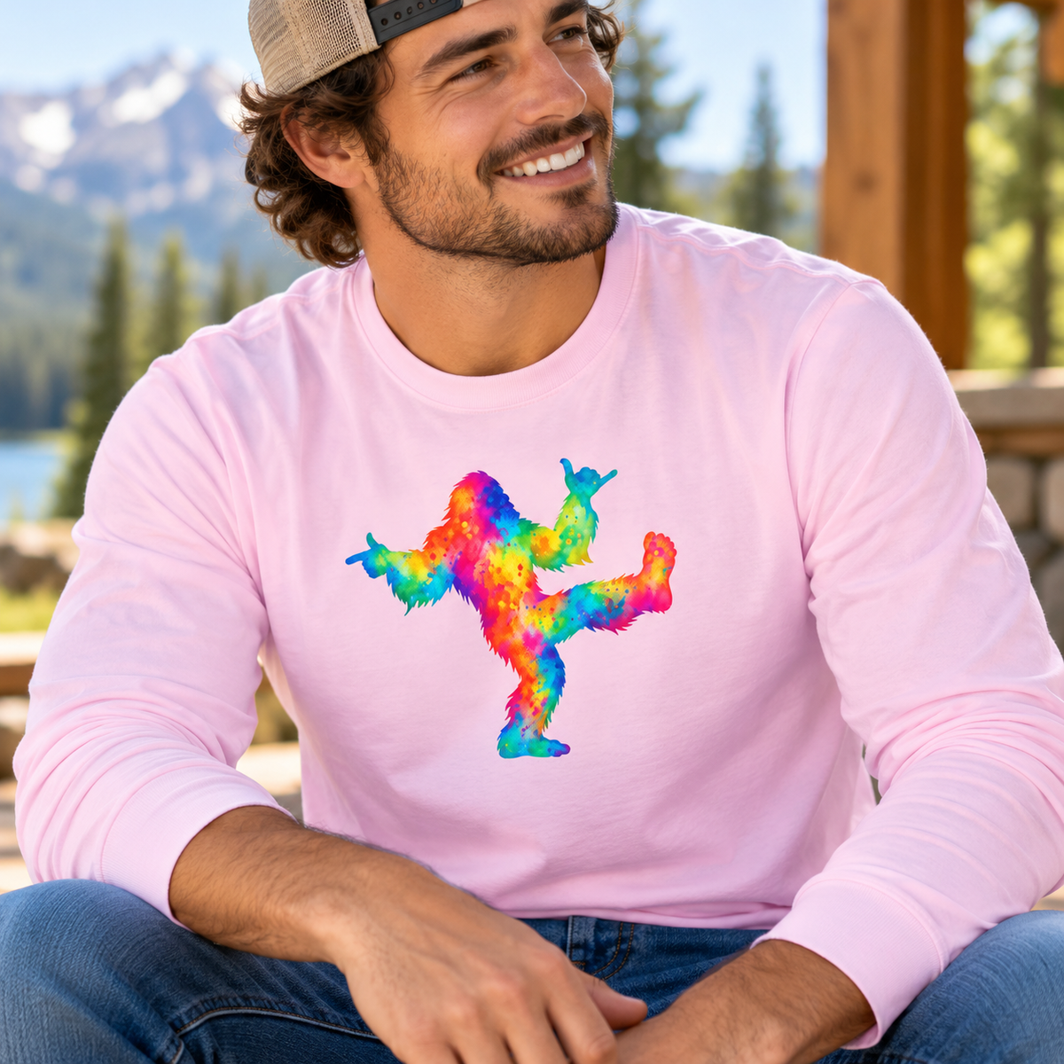 Rainbow Dancing Bigfoot Long Sleeve T-Shirt | Colorful Psychedelic Sasquatch Tee