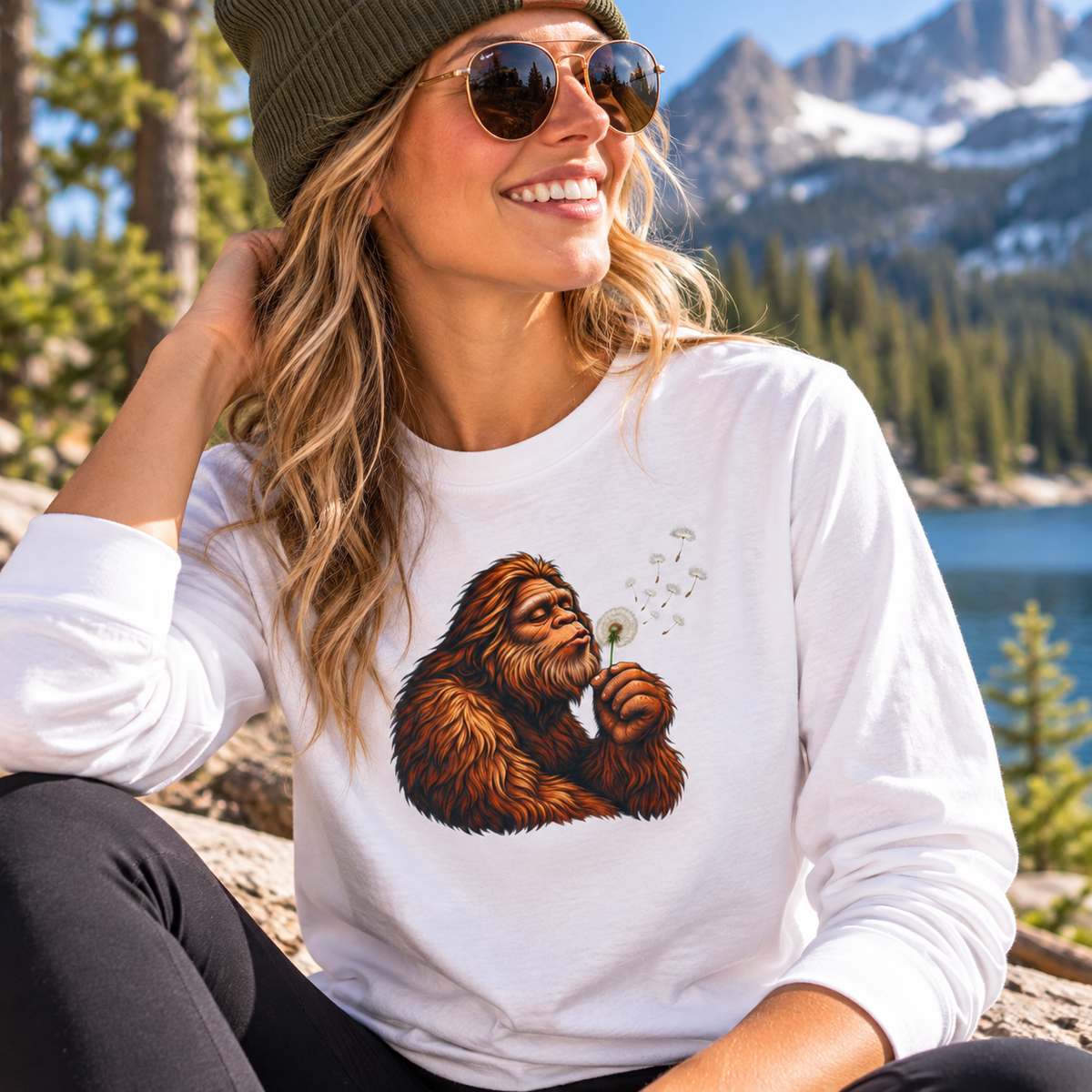 Bigfoot Blowing Dandelion Long Sleeve T-Shirt | Peaceful Sasquatch Nature Tee