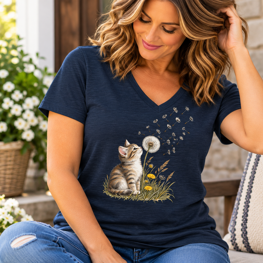 Kitten & Dandelion Women's Relaxed V-Neck T-Shirt | Cat Lover Floral Tee
