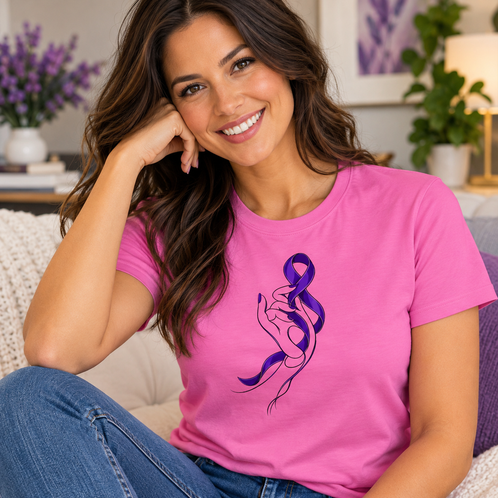 Quiet Strength Women's Epilepsy Awareness T-Shirt | Purple Ribbon Hand Art