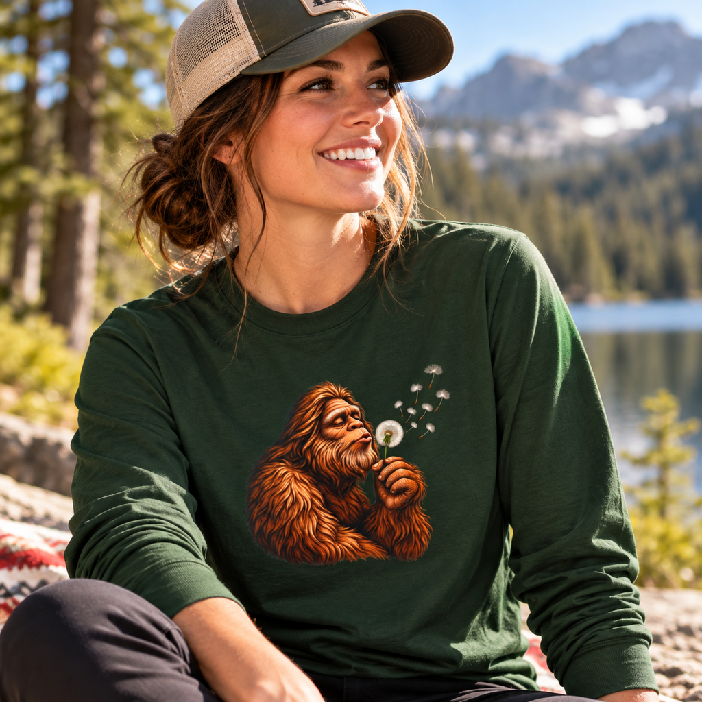 Bigfoot Blowing Dandelion Long Sleeve T-Shirt | Peaceful Sasquatch Nature Tee
