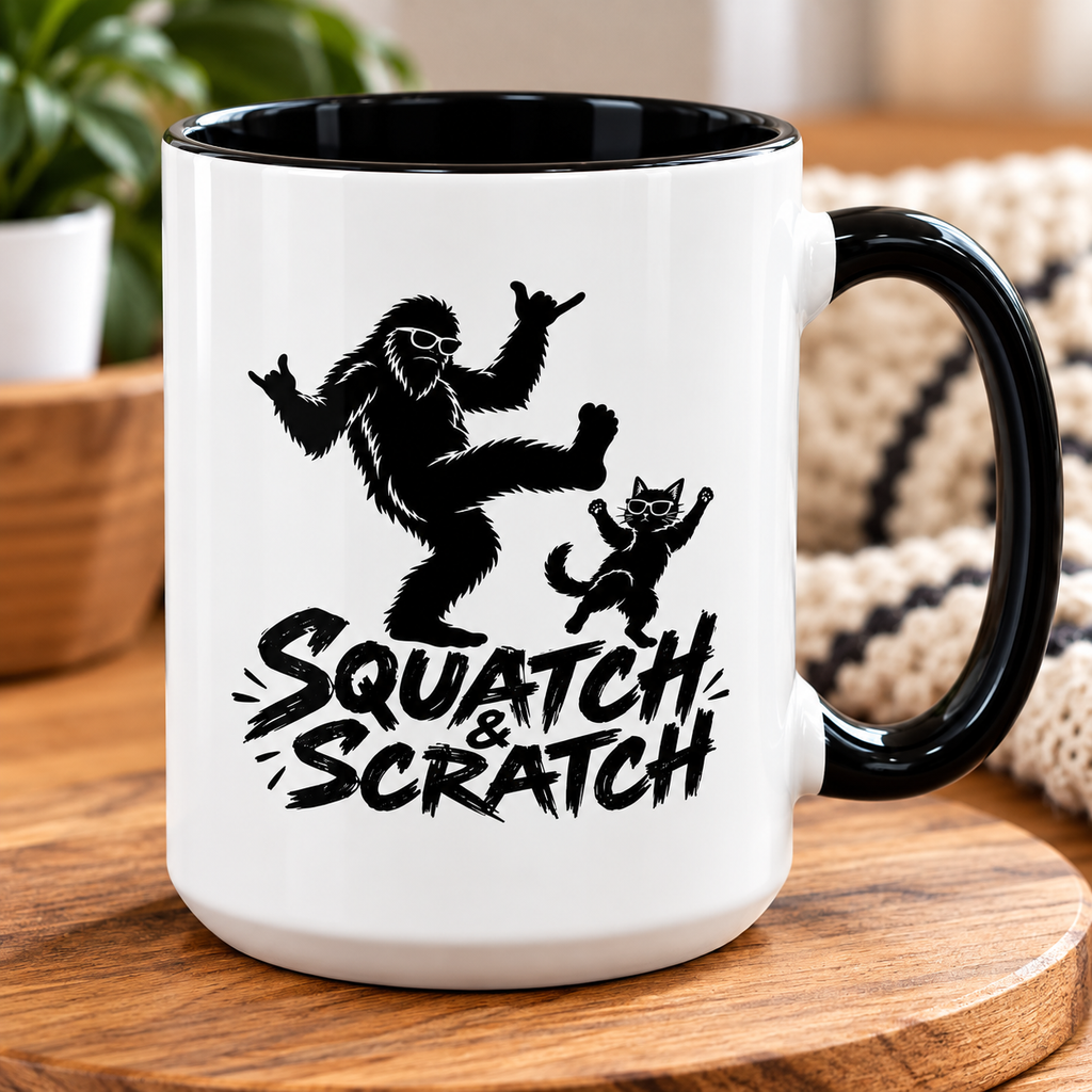 Squatch & Scratch Bigfoot and Cat Coffee Mug | Funny Sasquatch Ceramic Mug | 11oz & 15oz