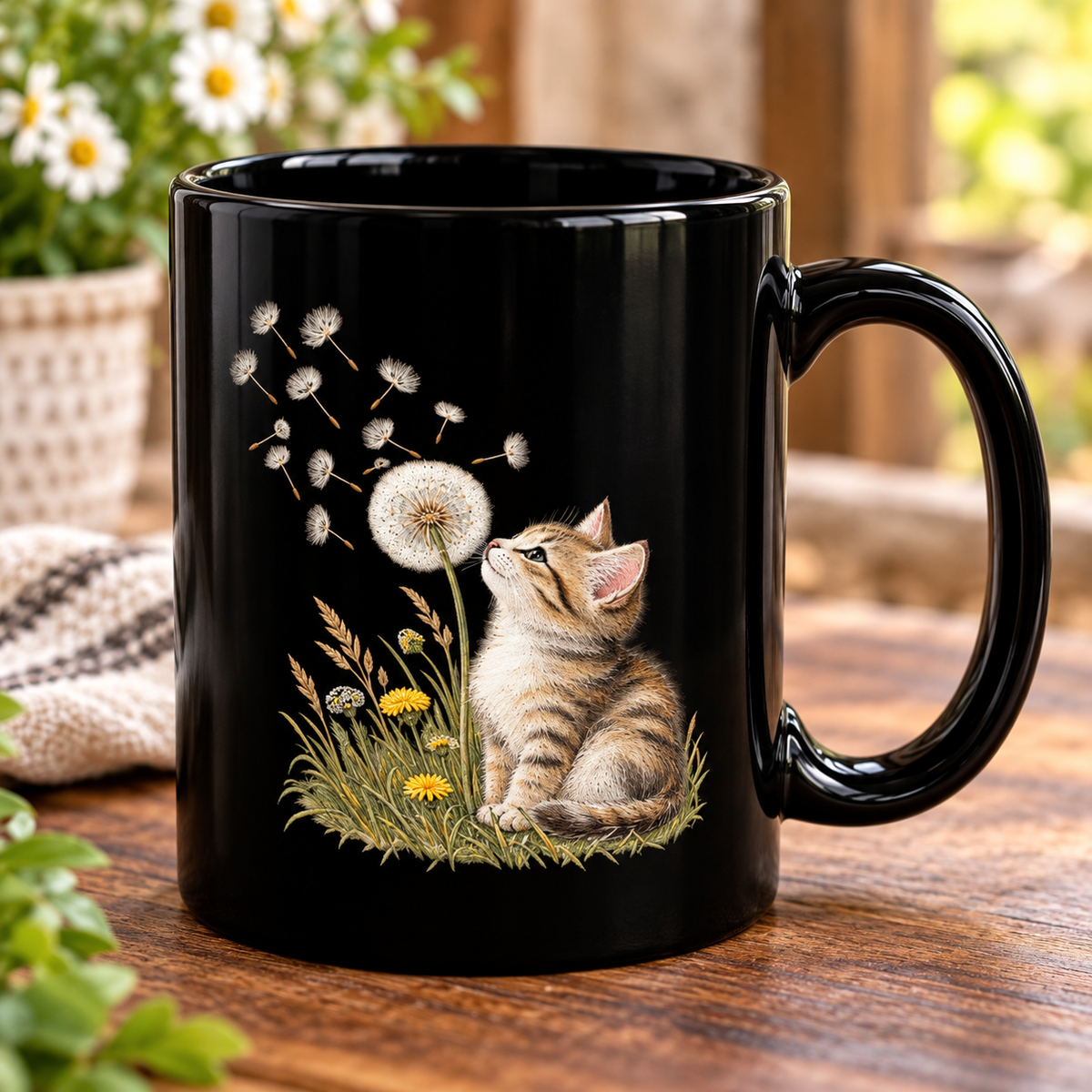 Kitten & Dandelion Black Ceramic Mug | Cat Lover Coffee Cup | 11oz & 15oz