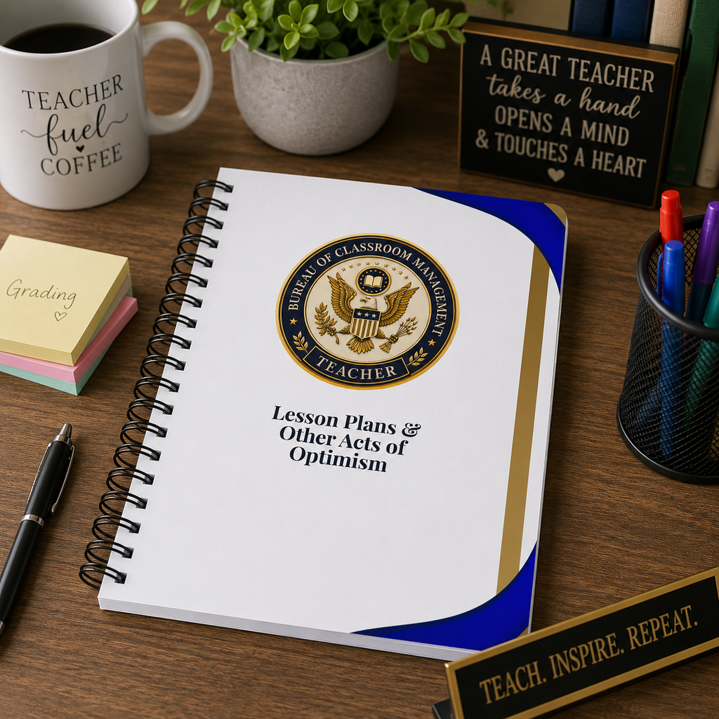 Notebook sitting on a teacher's desk.