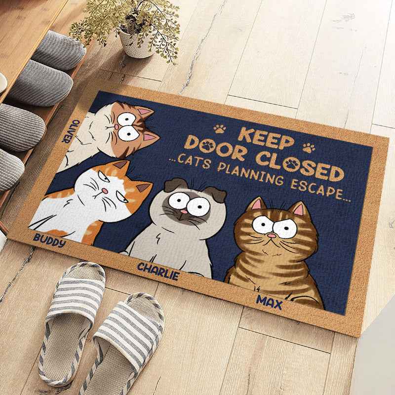 “Don’t Let the Cat Out” Personalized Cat Warning Mat | Pet Owner Home Decor
