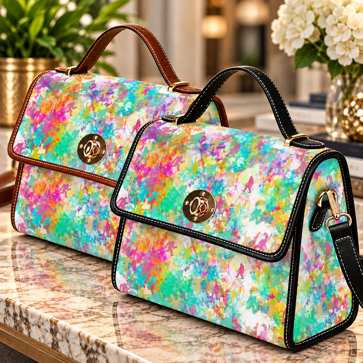 Hidden Bigfoot Tie-Dye Satchel Handbag | Colorful Sasquatch Crossbody Purse