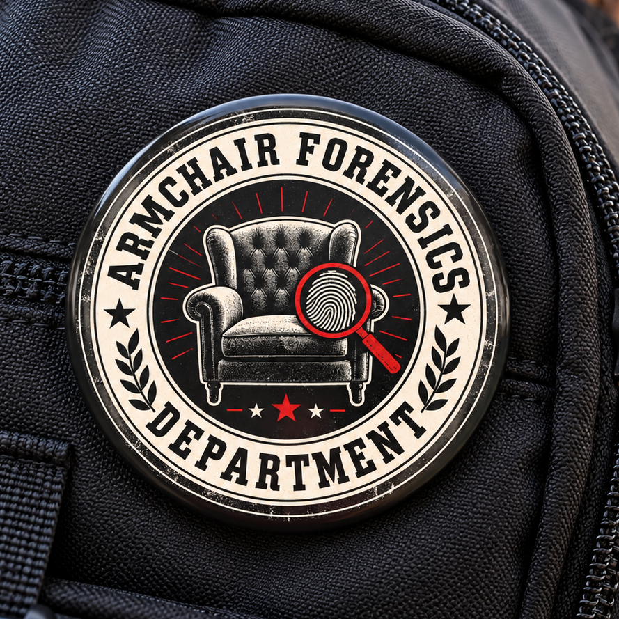 Armchair Forensics Department Pin Button | True Crime Sleuth Badge