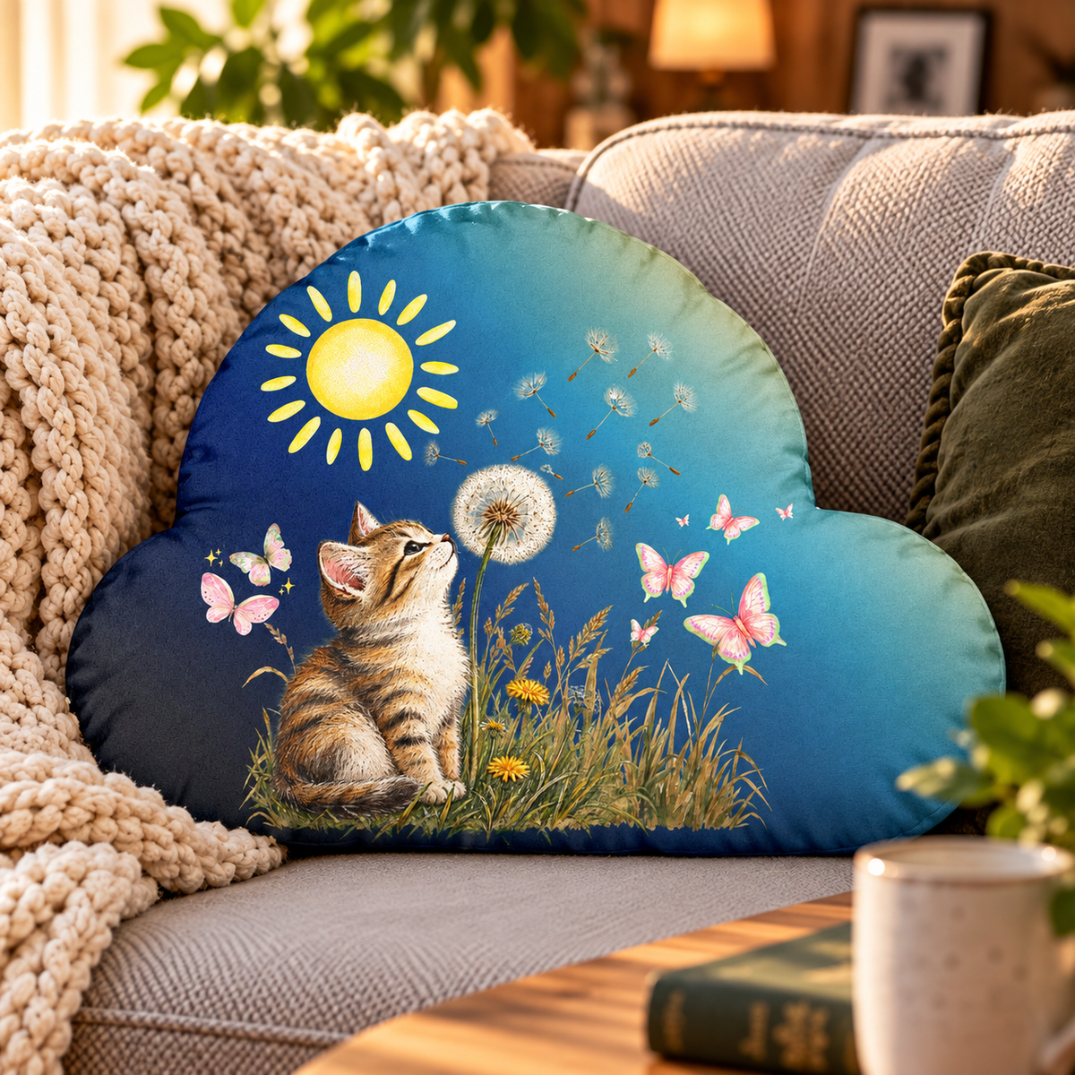 Kitten & Dandelion Cloud-Shaped Pillow | Whimsical Cat Decorative Cushion