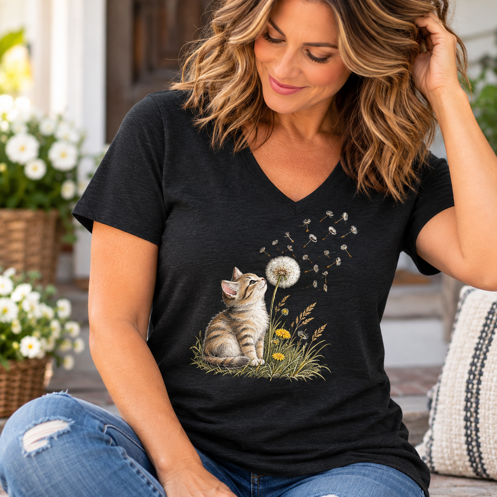 Kitten & Dandelion Women's Relaxed V-Neck T-Shirt | Cat Lover Floral Tee