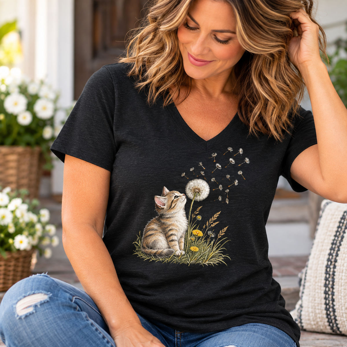 Kitten & Dandelion Women's Relaxed V-Neck T-Shirt | Cat Lover Floral Tee