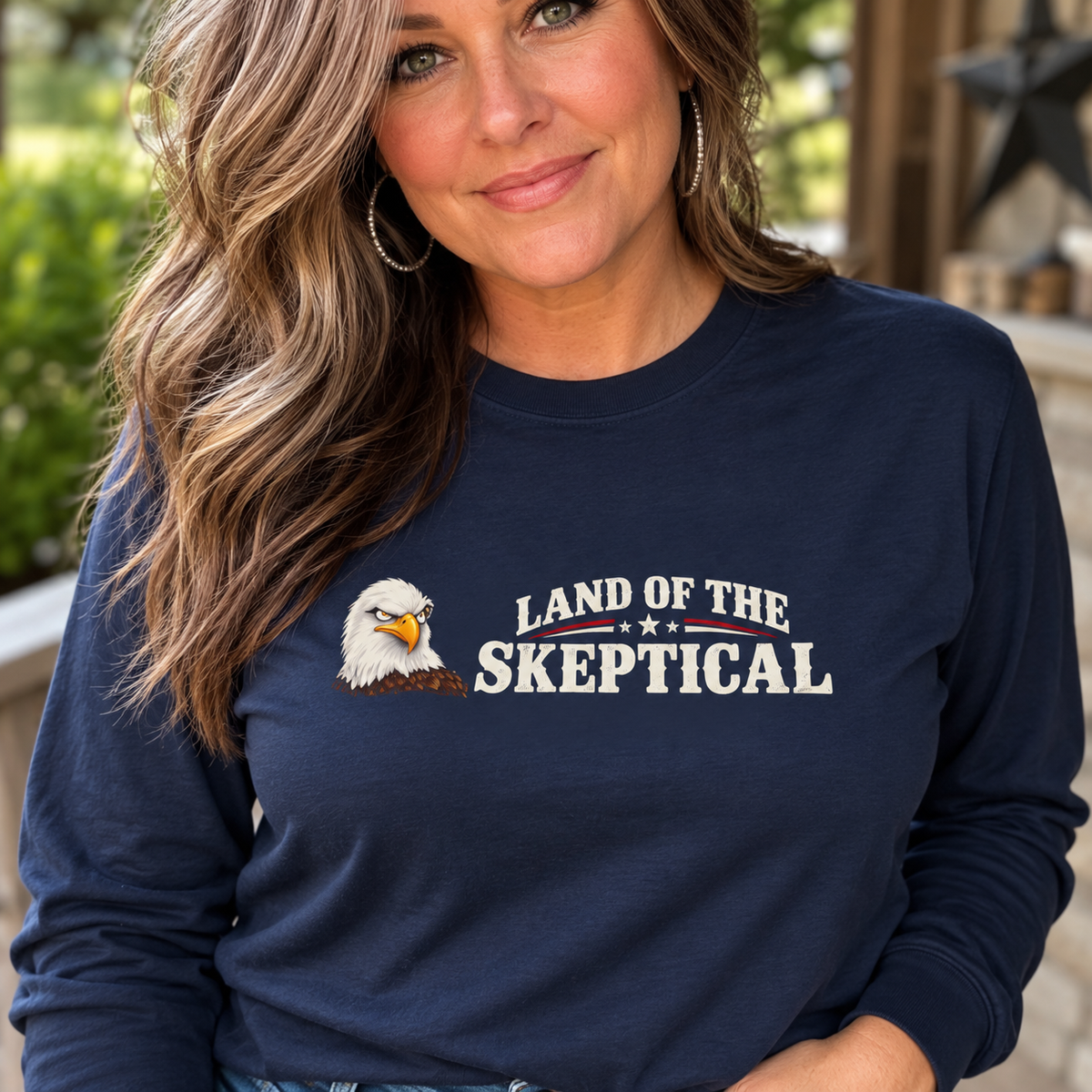 Land of the Skeptical Bald Eagle Long Sleeve T-Shirt | Patriotic Humor Tee
