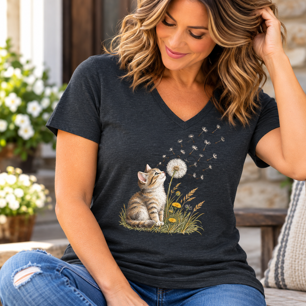 Kitten & Dandelion Women's Relaxed V-Neck T-Shirt | Cat Lover Floral Tee