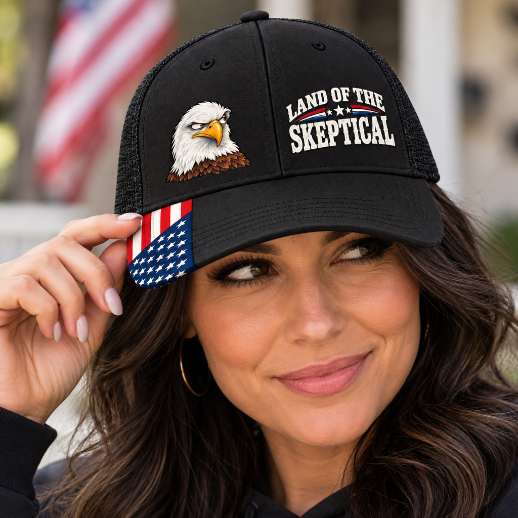 Land of the Skeptical Patriotic Trucker Hat | Side-Eye Eagle American Flag Cap