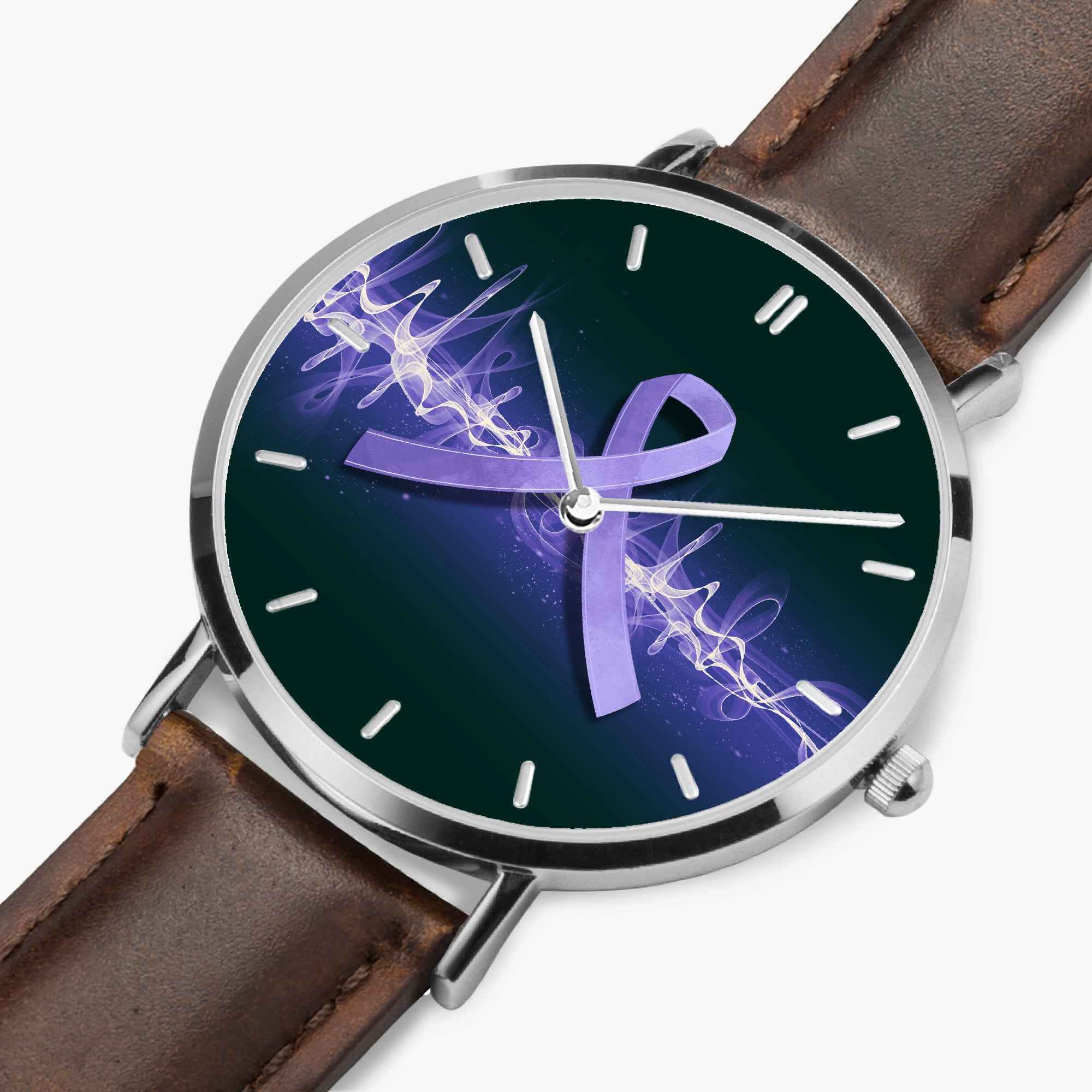Neurostrong Purple Ribbon Watch – Unisex Stainless Steel Leather Band Timepiece