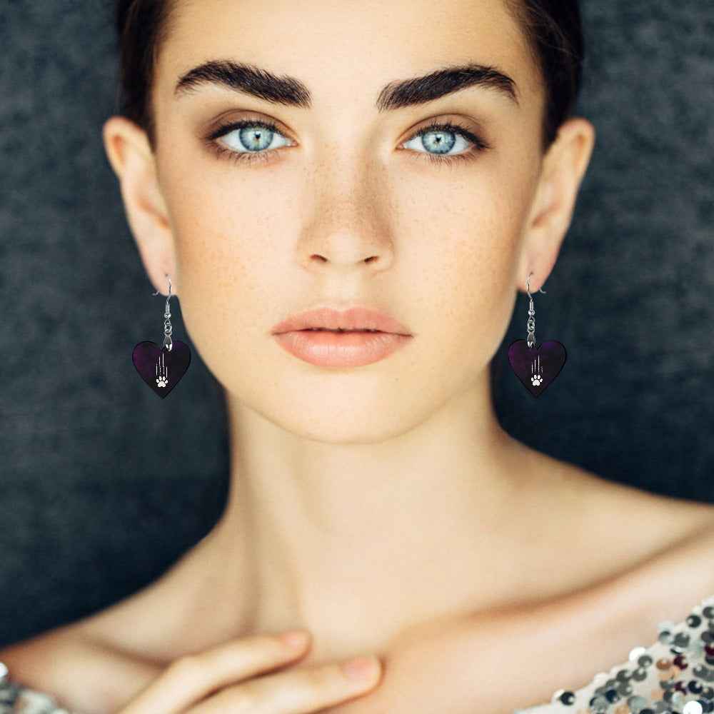 Heart-Shaped Cat Scratch Earrings – Purple Black Cat Lover Wood Dangles