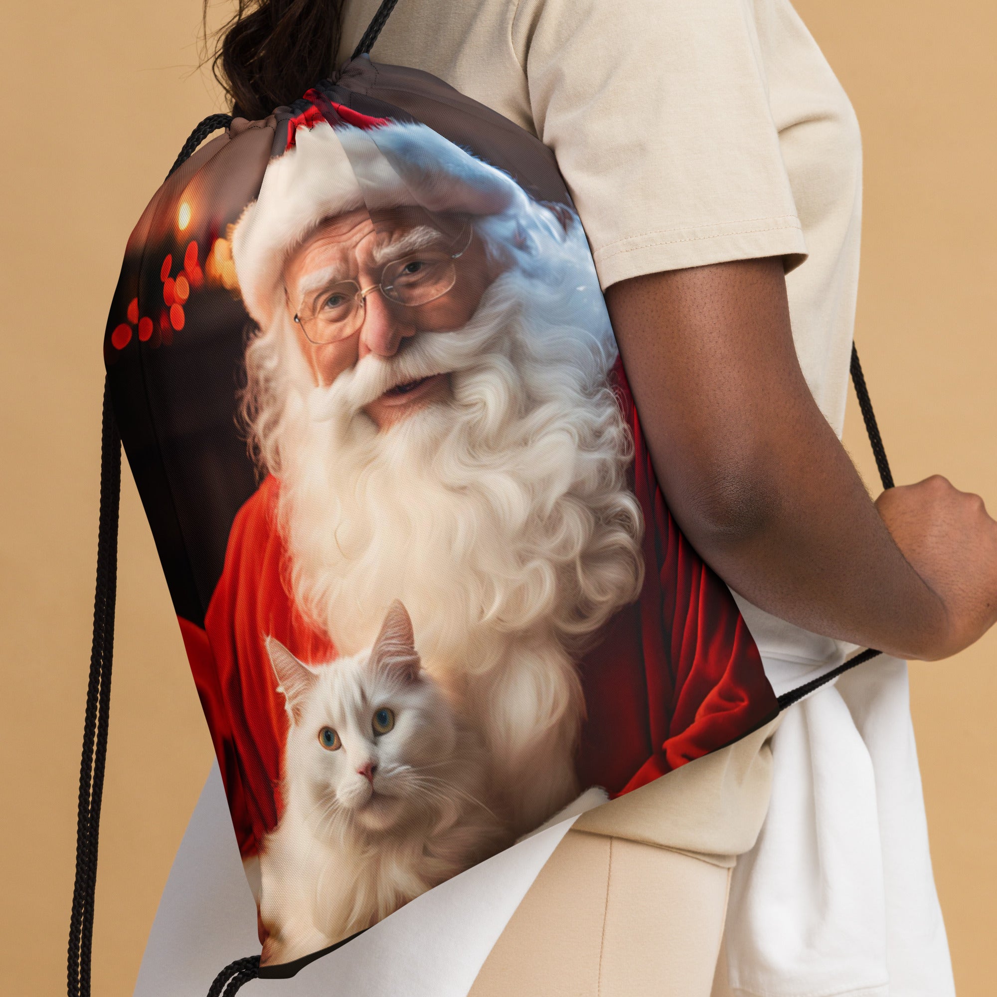 Santa's Cat Drawstring Bag