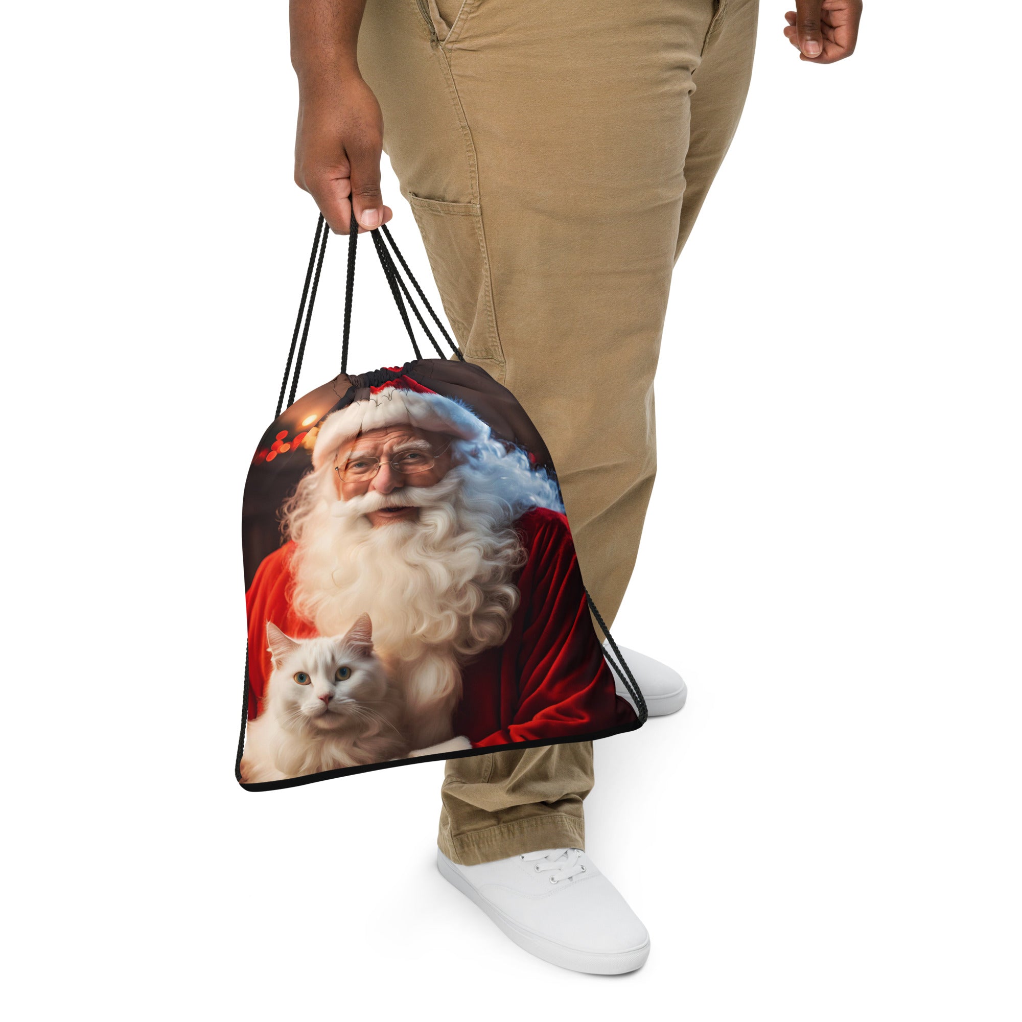 Photo depicting the ​Santa's Cat Drawstring Bag from EpiAl's Shop.