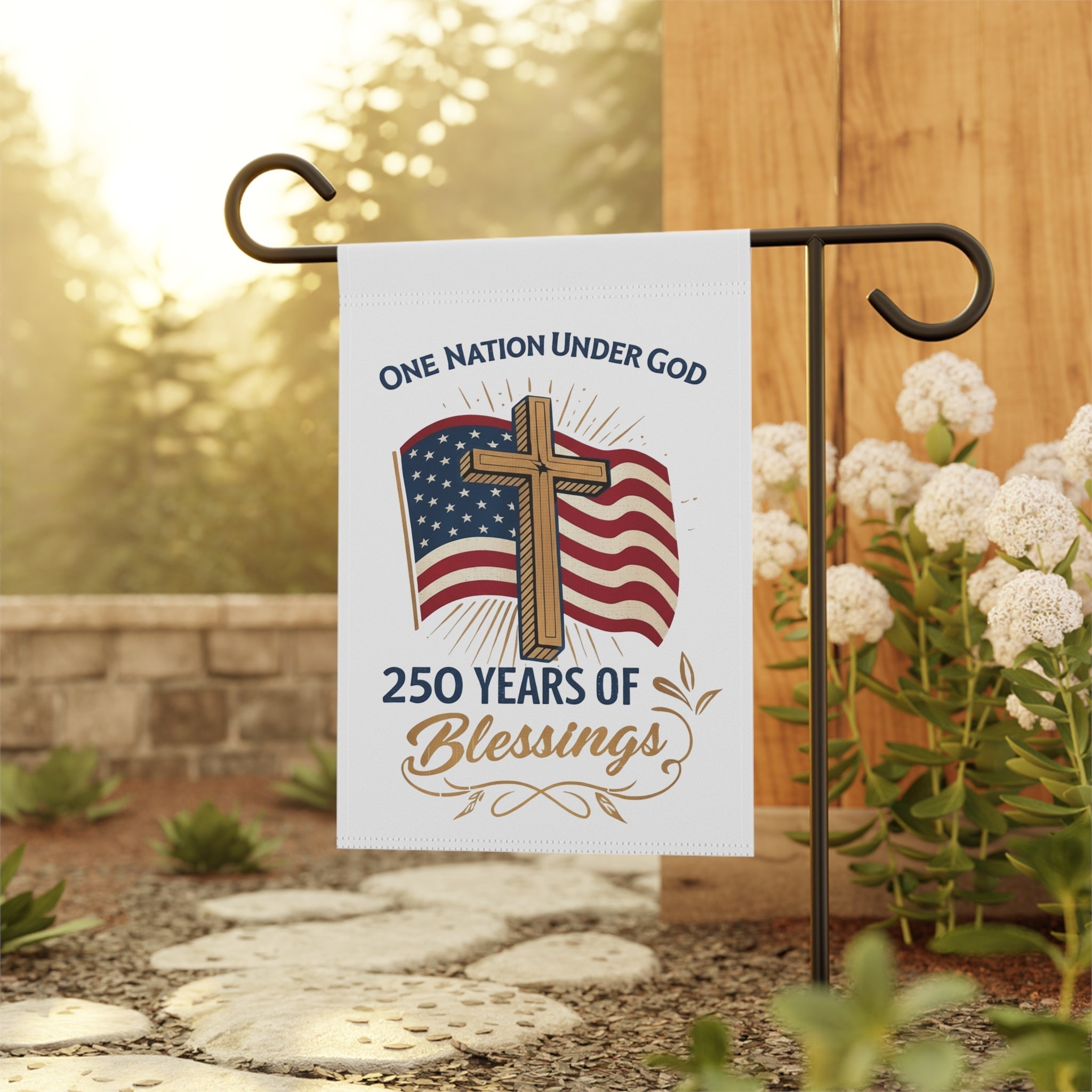 America: 250 Years of Blessings “One Nation Under God” Flag & Cross Patriotic Garden Flag (Double-Sided)