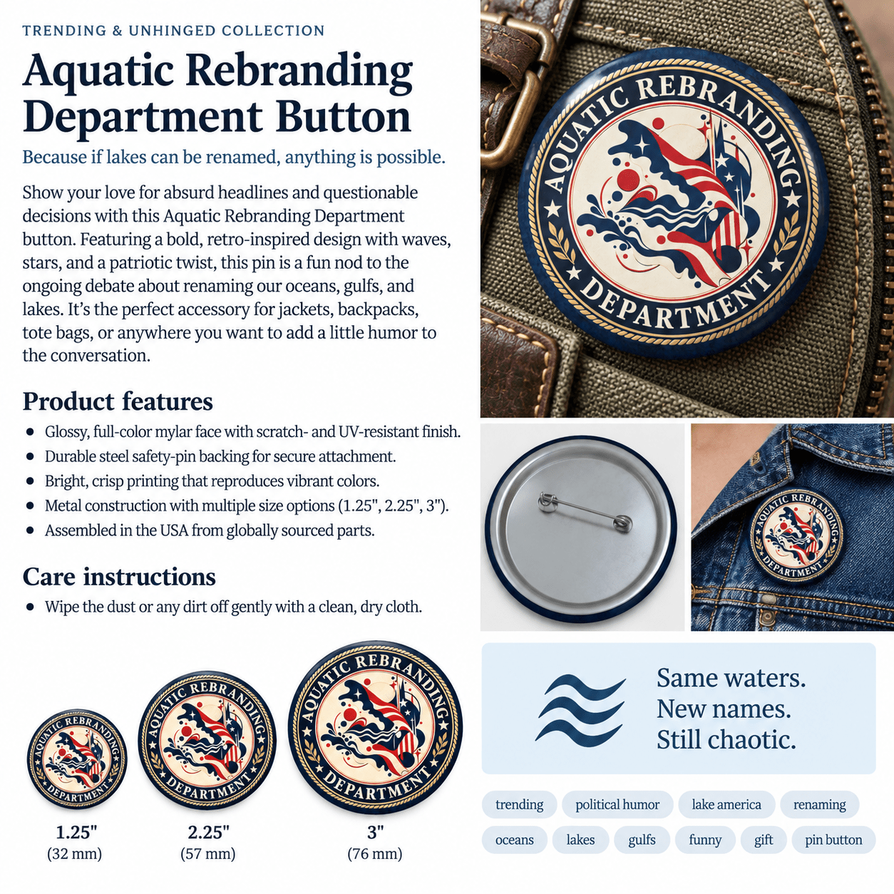 Aquatic Rebranding Department Pin Button | Trump Water Renaming Political Humor - Buttons, Pinback - EpiAl's Shop