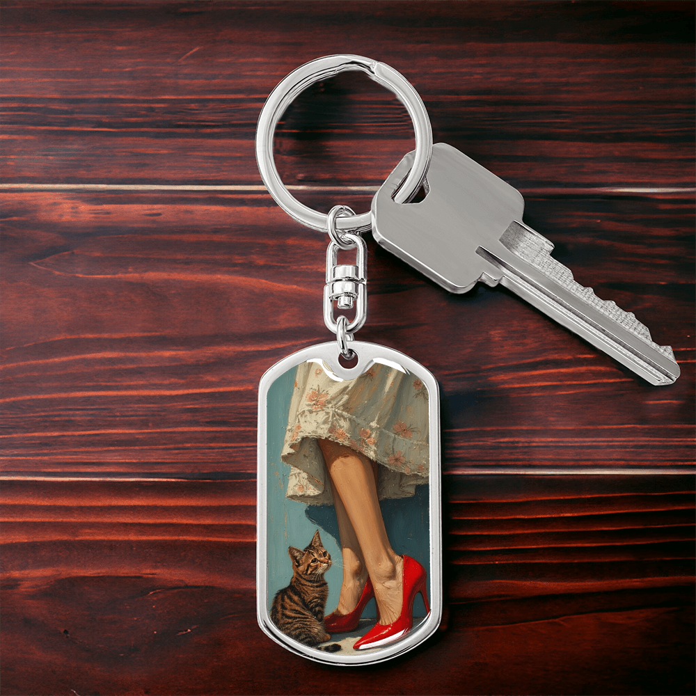 Cat Lady in Red Dog Tag Keychain
