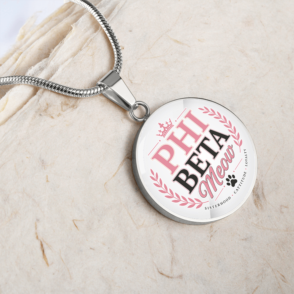Phi Beta Meow Cat Lover Circle Pendant Necklace