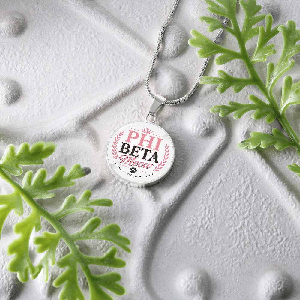 Phi Beta Meow Cat Lover Circle Pendant Necklace