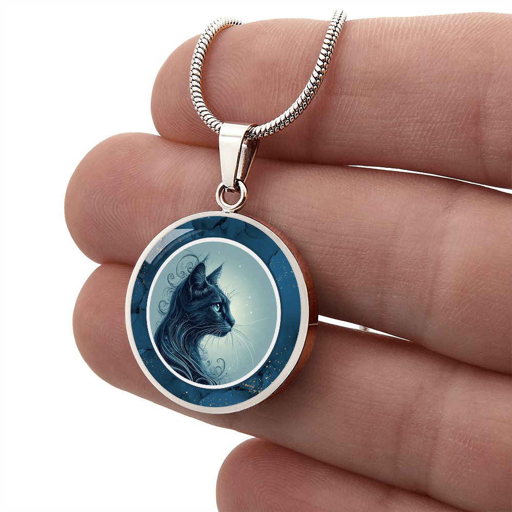 Blue Cat with Gold Accents Pendant Necklace