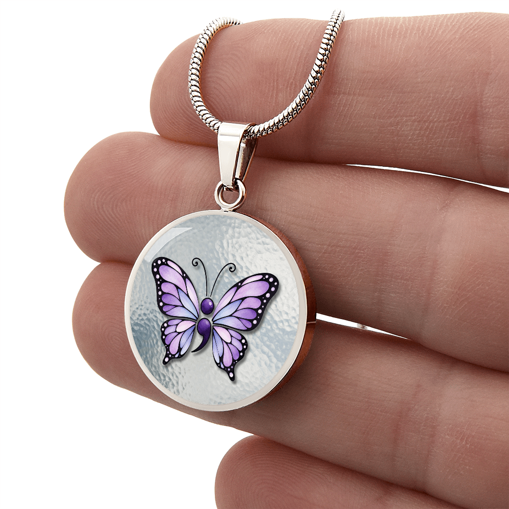 Purple Semicolon Butterfly Pendant Necklace | Epilepsy & Mental Health Awareness Jewelry