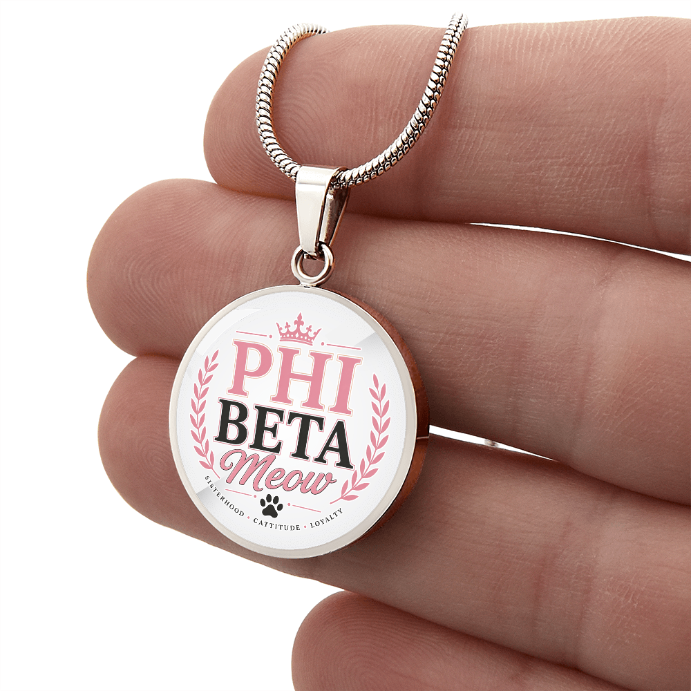 Phi Beta Meow Cat Lover Circle Pendant Necklace