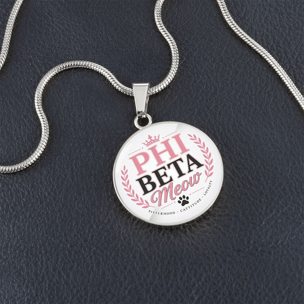 Phi Beta Meow Cat Lover Circle Pendant Necklace