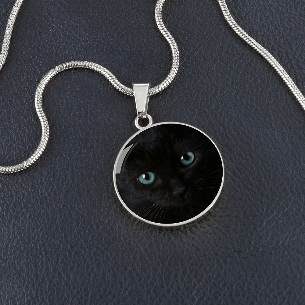 Black Cat Blue Eyes Circle Pendant Necklace