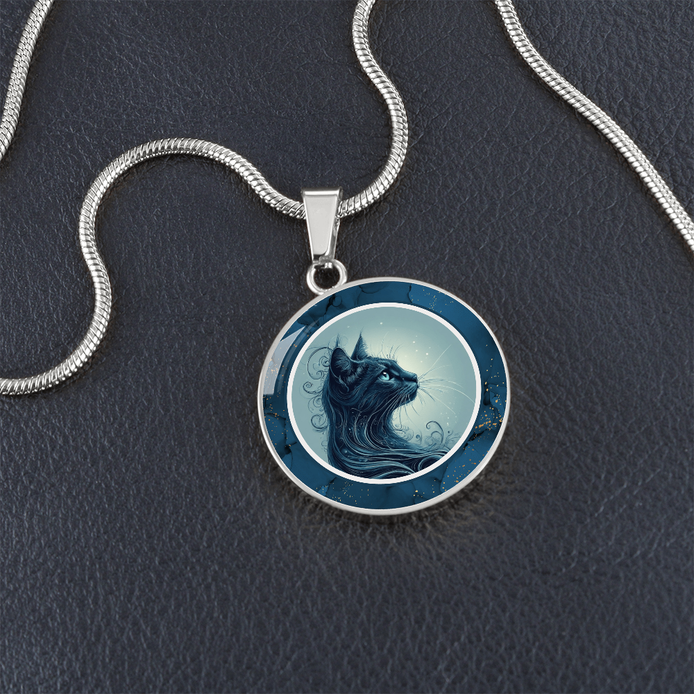 Blue Cat with Gold Accents Pendant Necklace