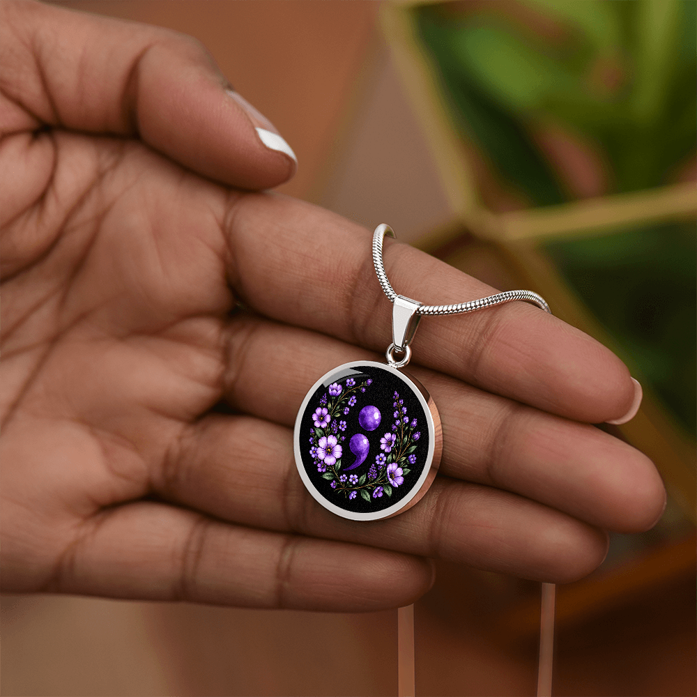 Purple Semicolon Wildflower Pendant Necklace | Suicide Awareness & Prevention Jewelry