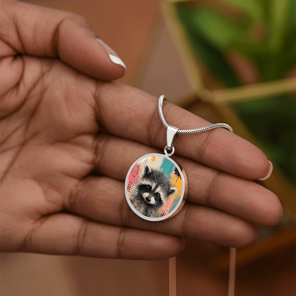 Jimothy Watercolor Raccoon Necklace: Whimsical Circle Pendant