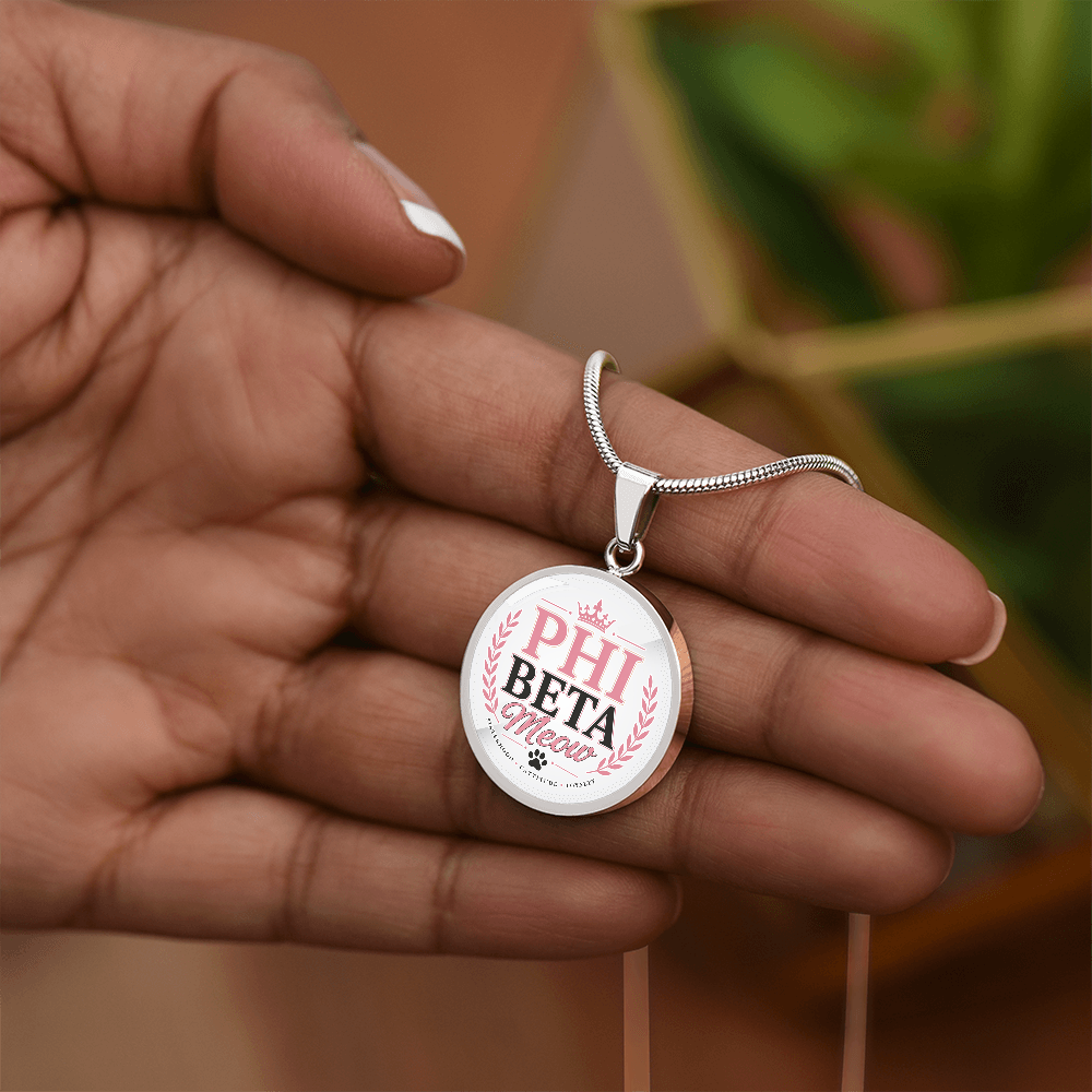 Phi Beta Meow Cat Lover Circle Pendant Necklace