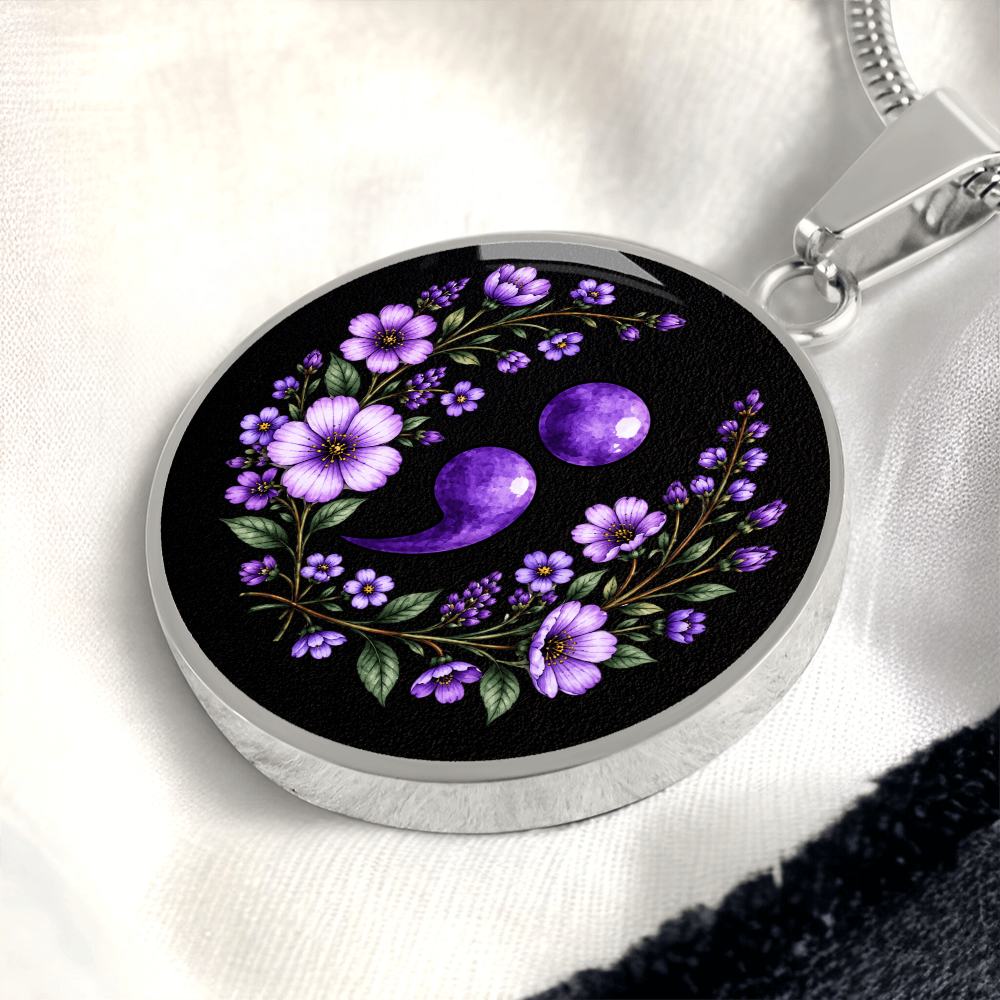 Purple Semicolon Wildflower Pendant Necklace | Suicide Awareness & Prevention Jewelry