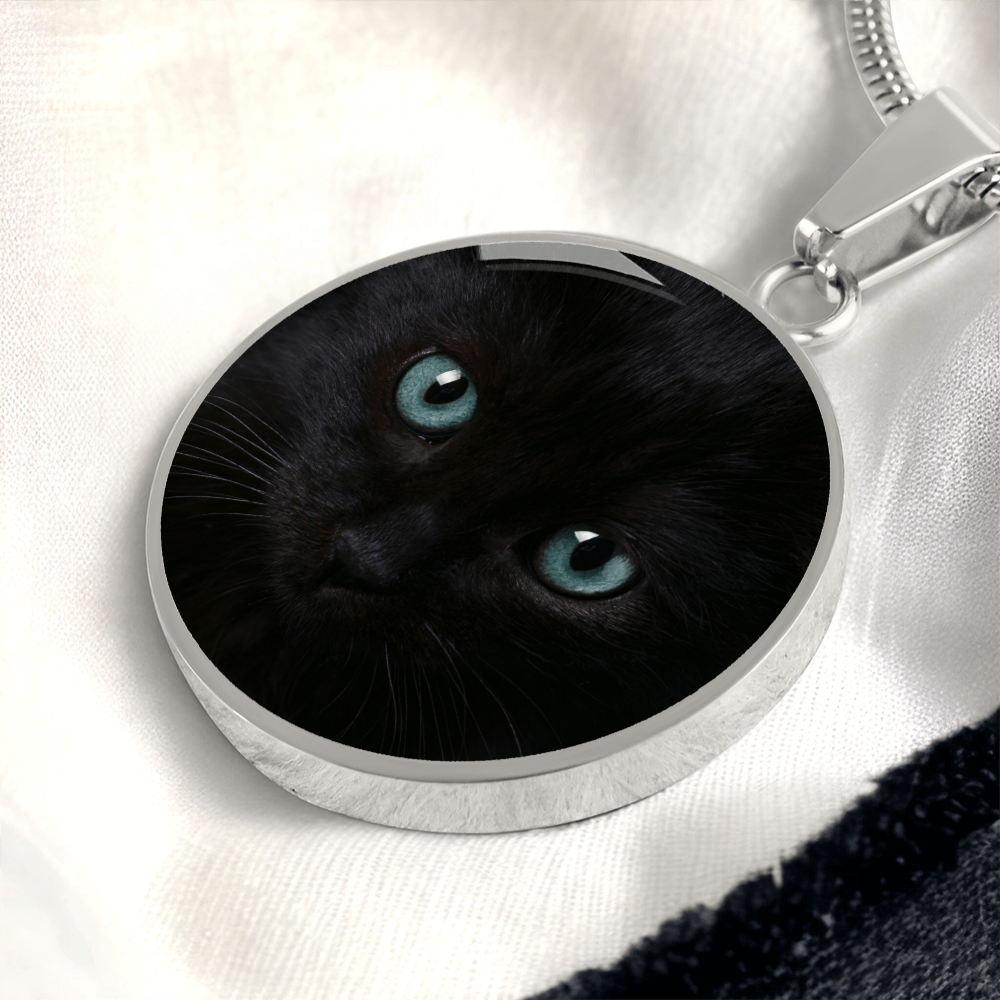 Black Cat Blue Eyes Circle Pendant Necklace