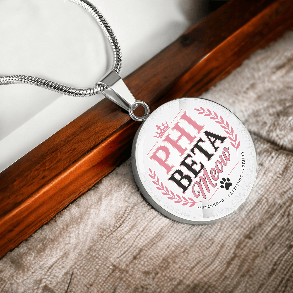 Phi Beta Meow Cat Lover Circle Pendant Necklace